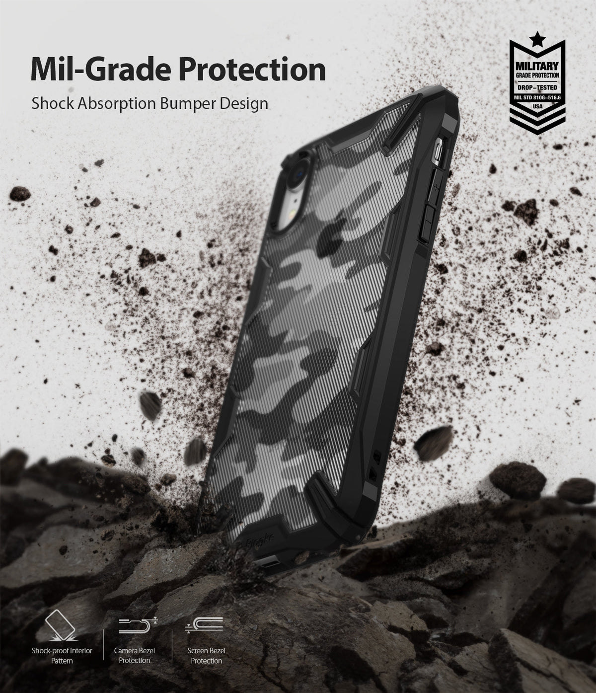 iPhone XR Case | Fusion-X - Camo black iPhone XR case with shock-absorbing bumper, shown amidst flying debris and dirt.