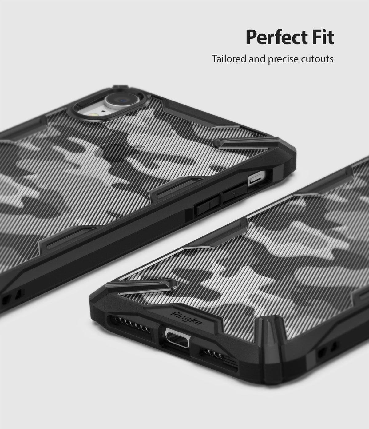 iPhone XR Case | Fusion-X - Black camouflage phone case with precise cutouts and reinforced corners on a light background.