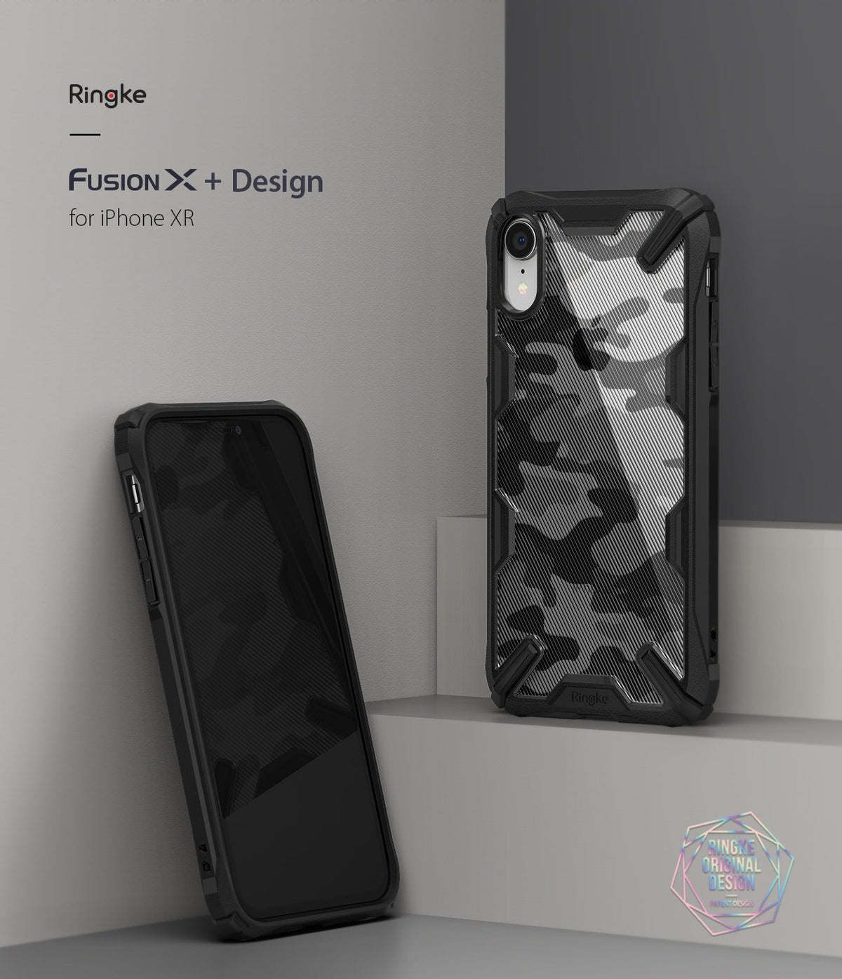 iPhone XR Case | Fusion-X - Black camouflage protective phone case with a rugged bumper frame for iPhone XR.