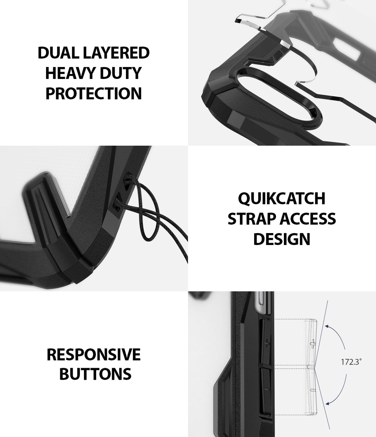 iPhone XR Case | Fusion-X - Three-panel collage showing heavy-duty dual-layer frame, QuikCatch lanyard hole, and responsive buttons.