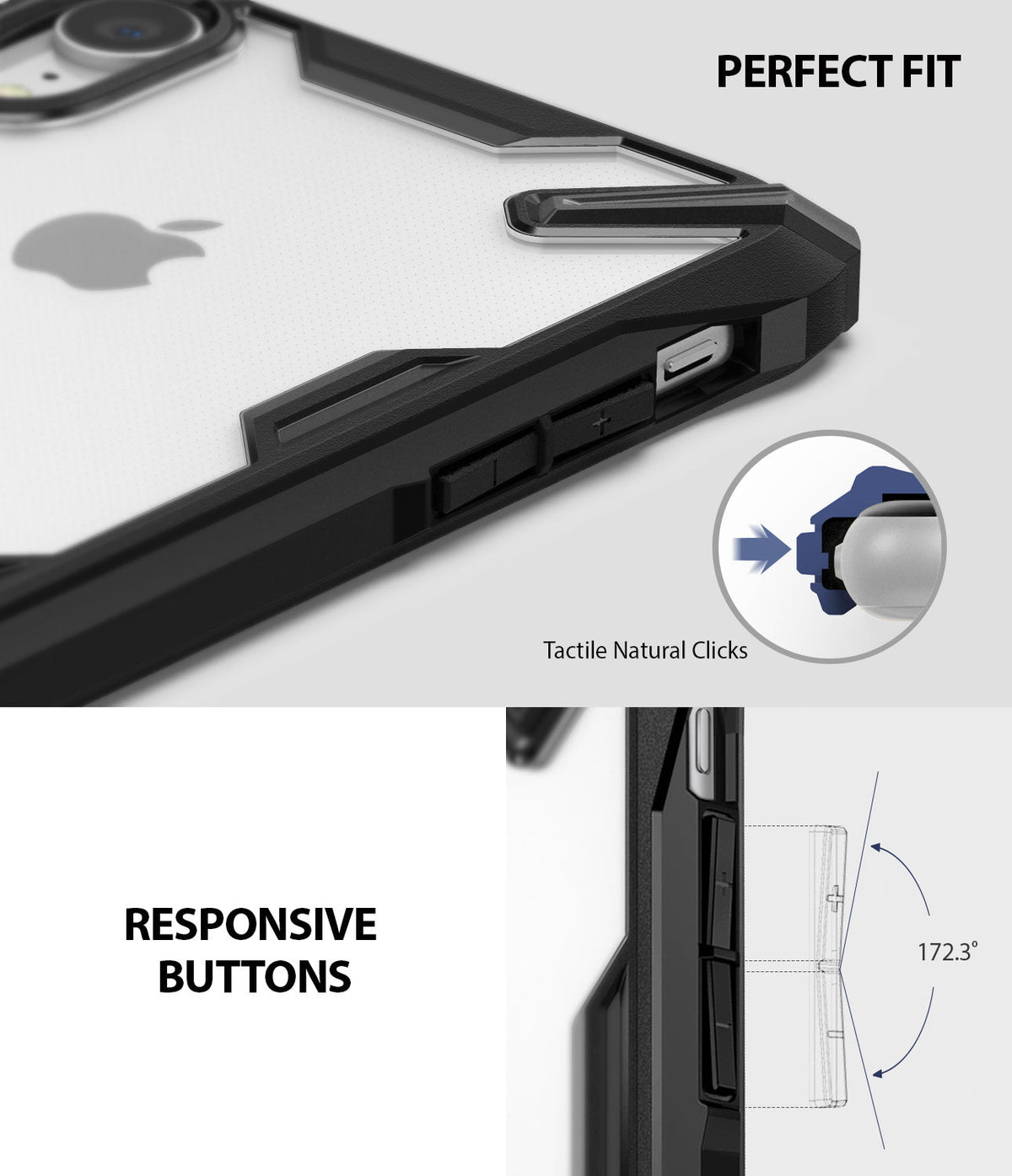 iPhone XR Case | Fusion-X - Close-up of black protective case showing tactile button design and precise fit on iPhone XR.