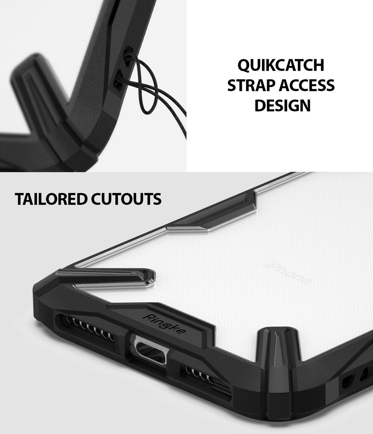 iPhone XR Case | Fusion-X - Close-up of black phone case showing QuikCatch strap hole and precise port cutouts.