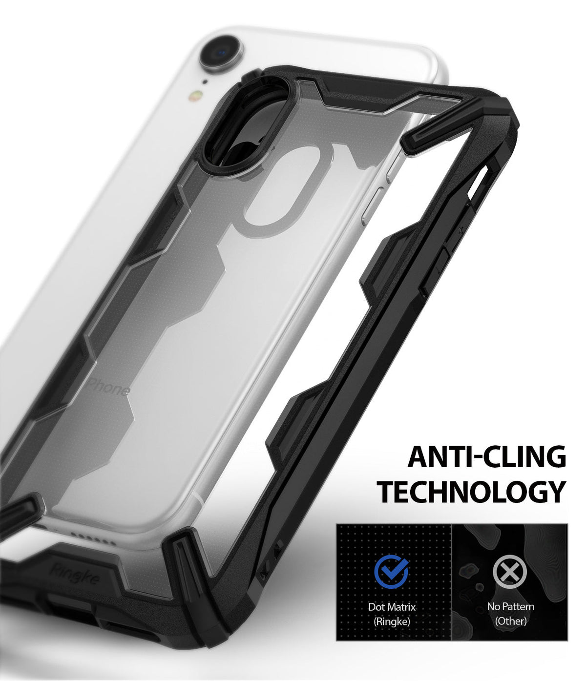 iPhone XR Case | Fusion-X - Clear phone case with black rugged bumper and dot matrix anti-cling pattern.