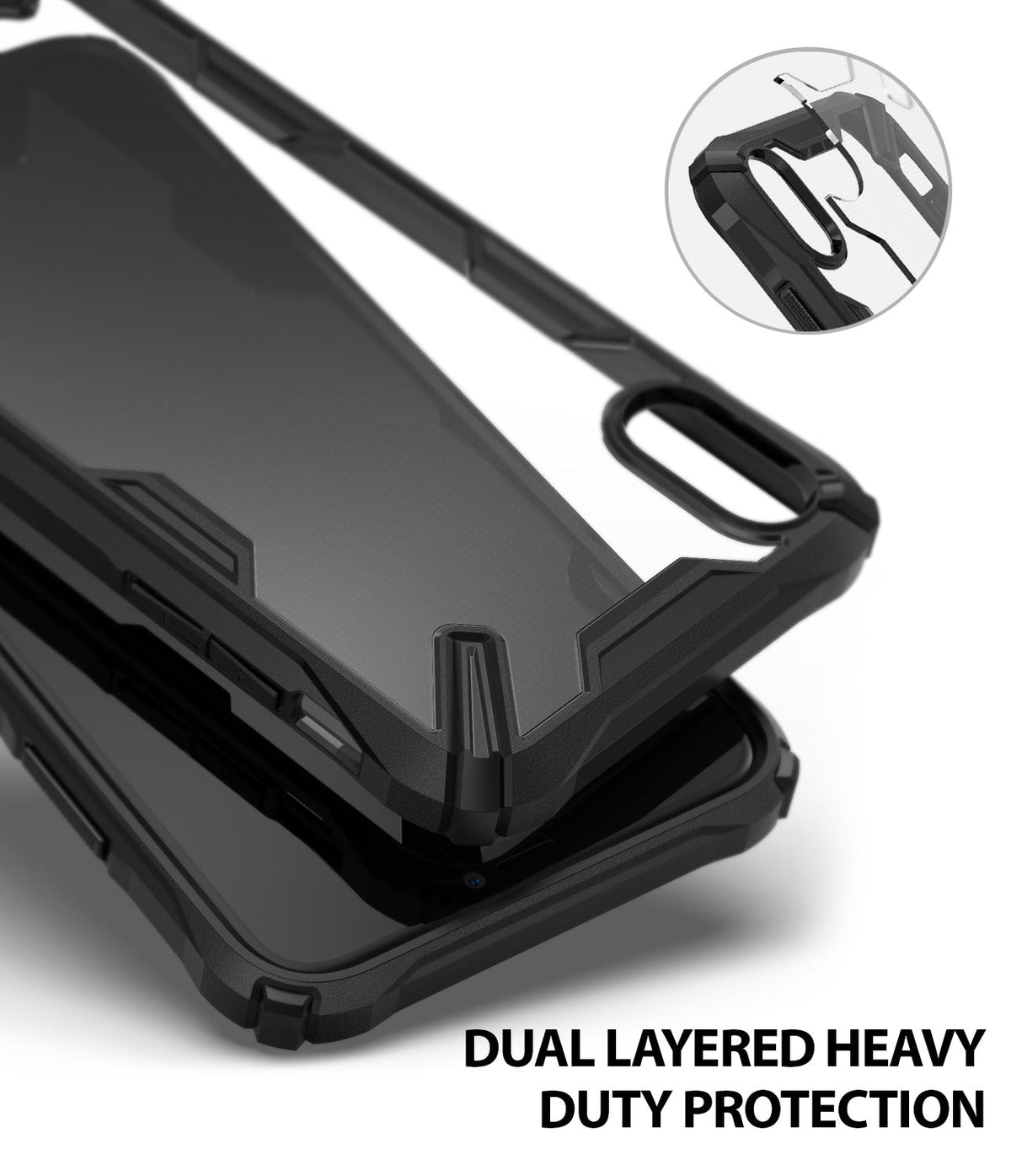 iPhone XR Case | Fusion-X - Black rugged phone case with a clear back and reinforced corners, shown with a close-up inset.