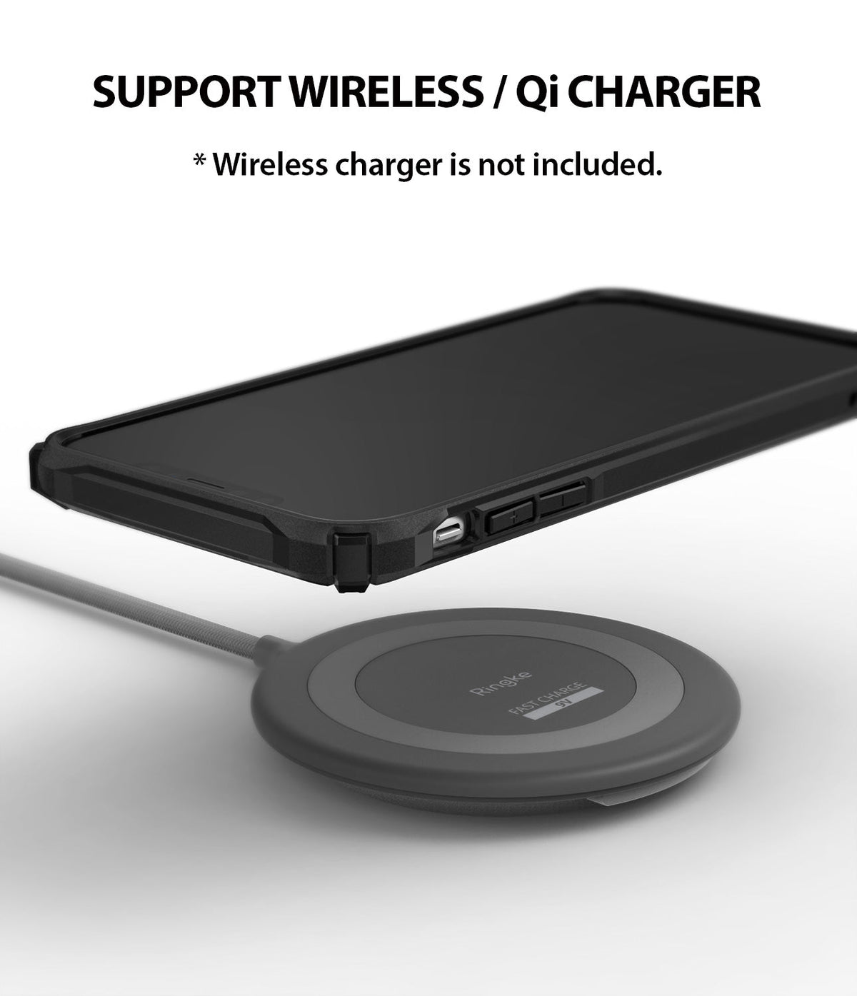 iPhone XR Case | Fusion-X - Black phone case hovering above a circular wireless charging pad on a white background.