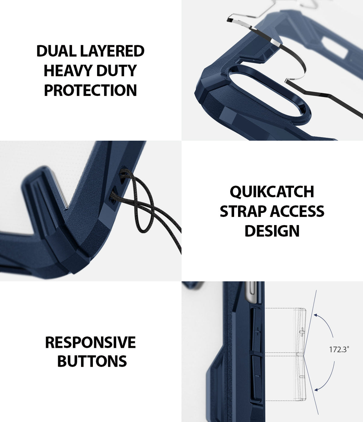 iPhone XR Case | Fusion-X - Navy blue phone case showing dual-layer protection, a lanyard hole, and responsive button design.
