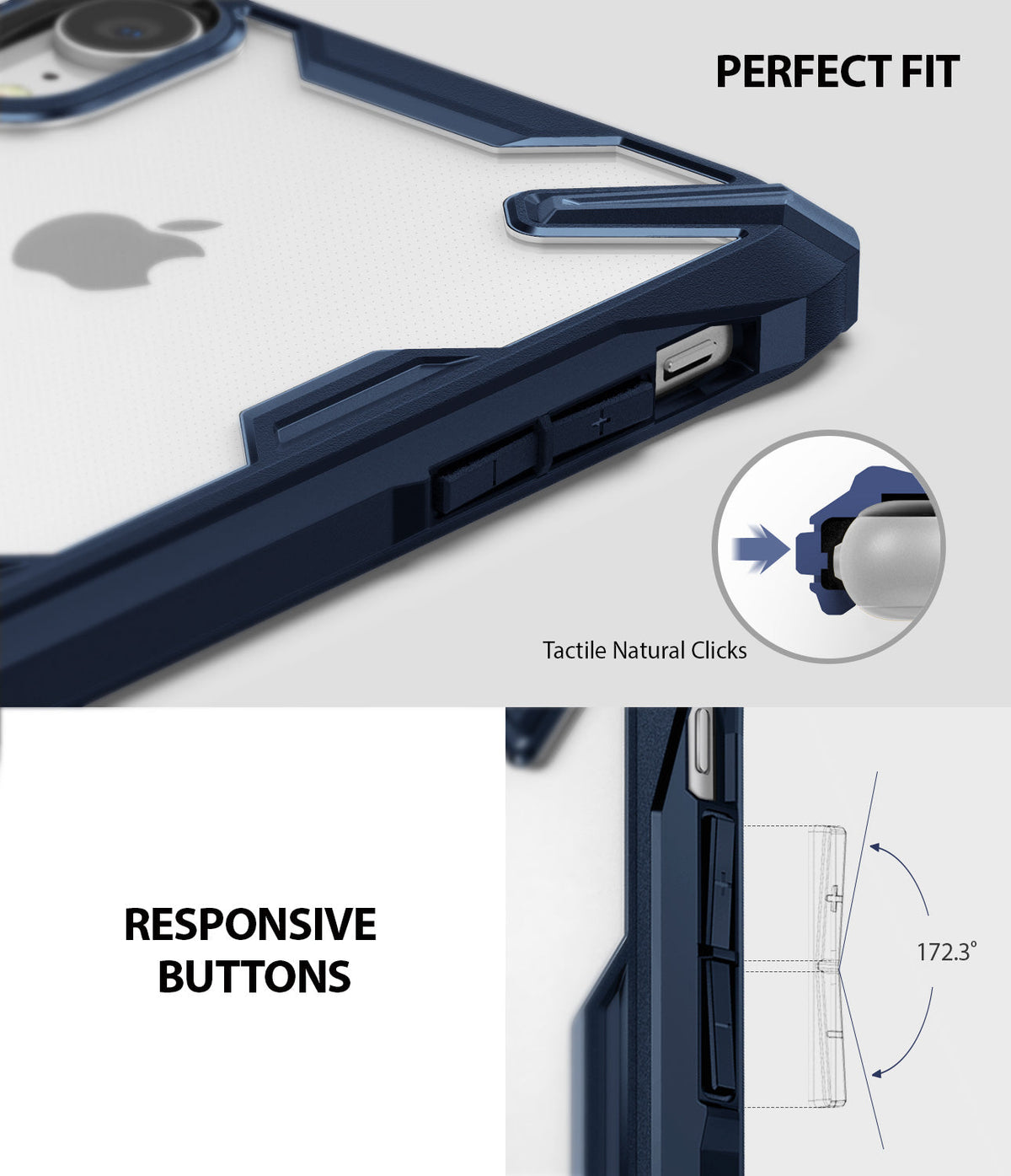 iPhone XR Case | Fusion-X - Navy blue protective case with clear back, highlighting responsive buttons and precise fit.