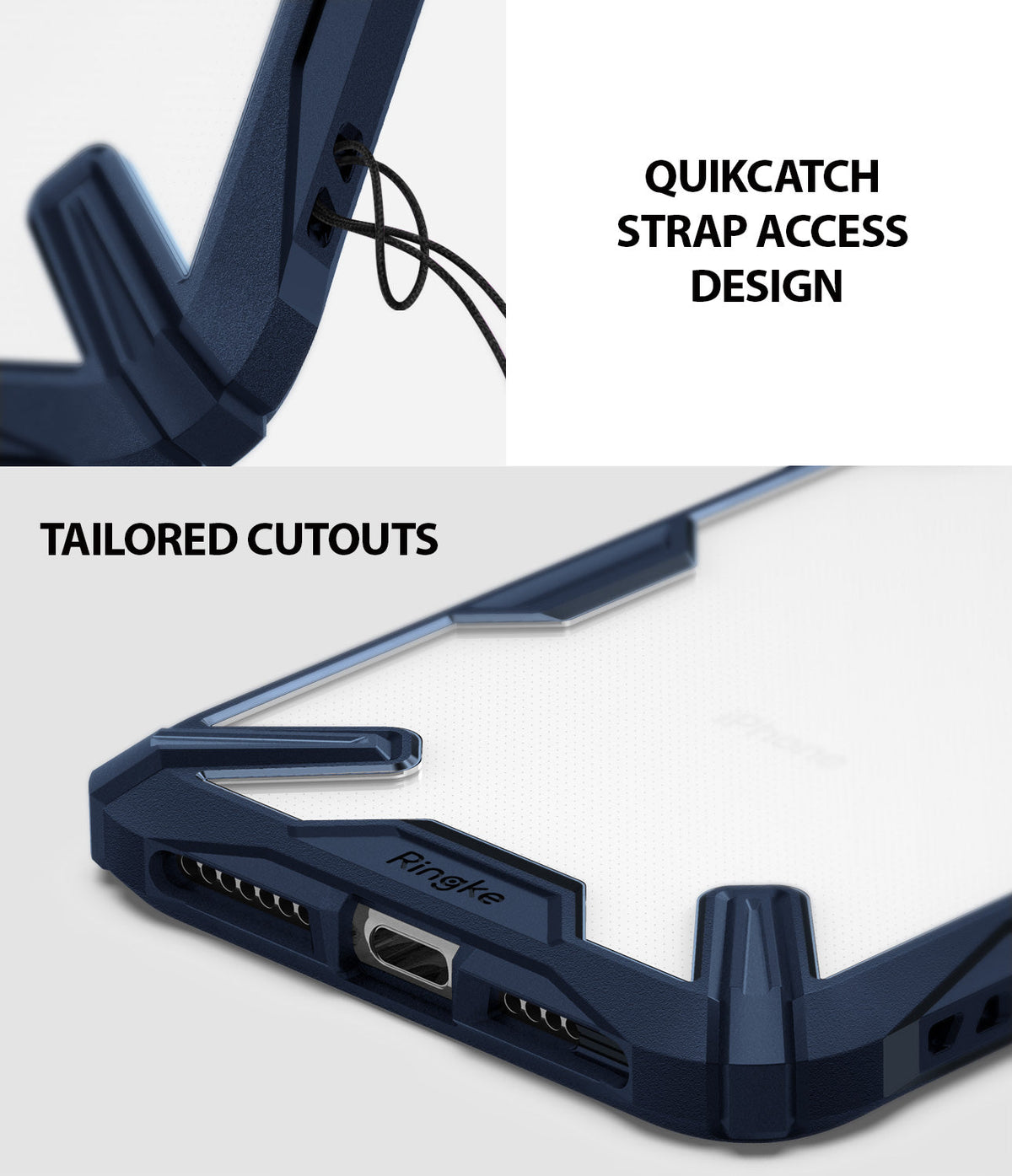 iPhone XR Case | Fusion-X - Navy blue phone case showing QuikCatch strap holes and precise charging port cutouts.