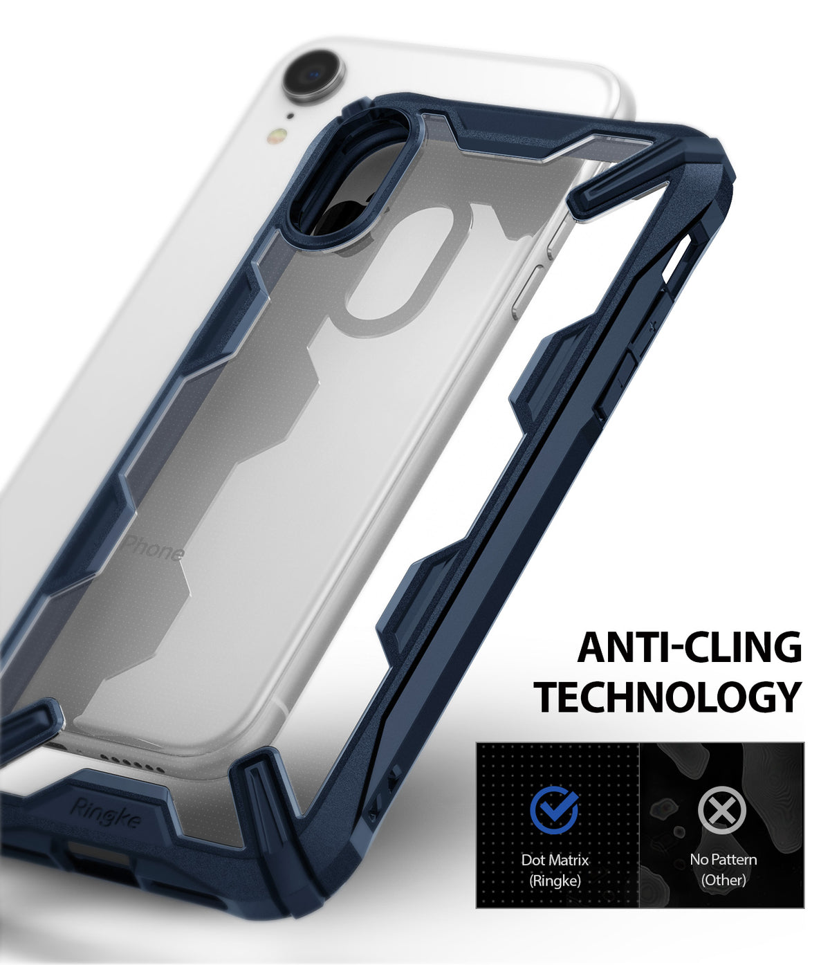 iPhone XR Case | Fusion-X - Navy blue rugged protective case on a white iPhone XR with an anti-cling dot matrix pattern.