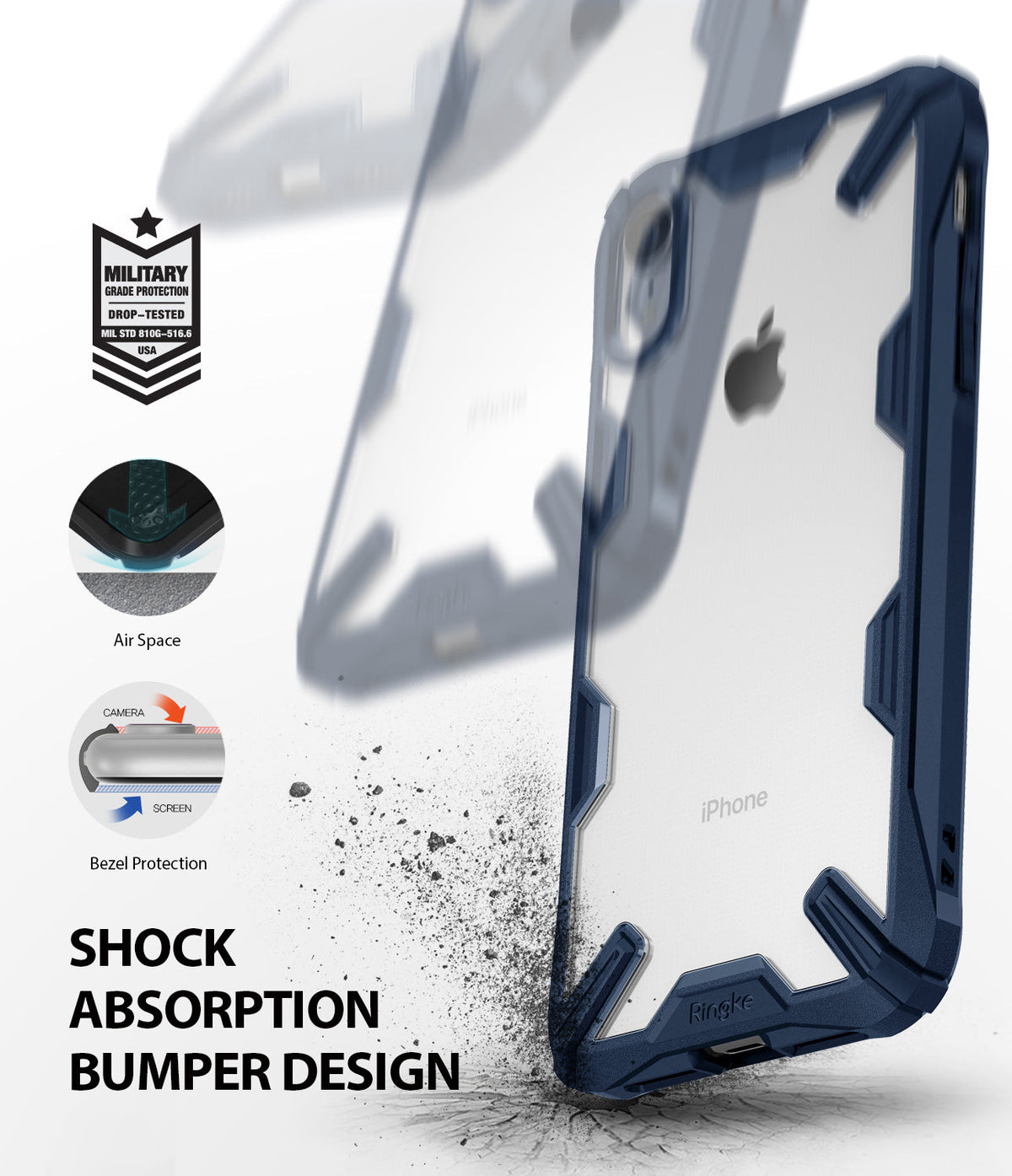 iPhone XR Case | Fusion-X - Navy blue rugged bumper case with clear back, military-grade drop protection, and bezel features.