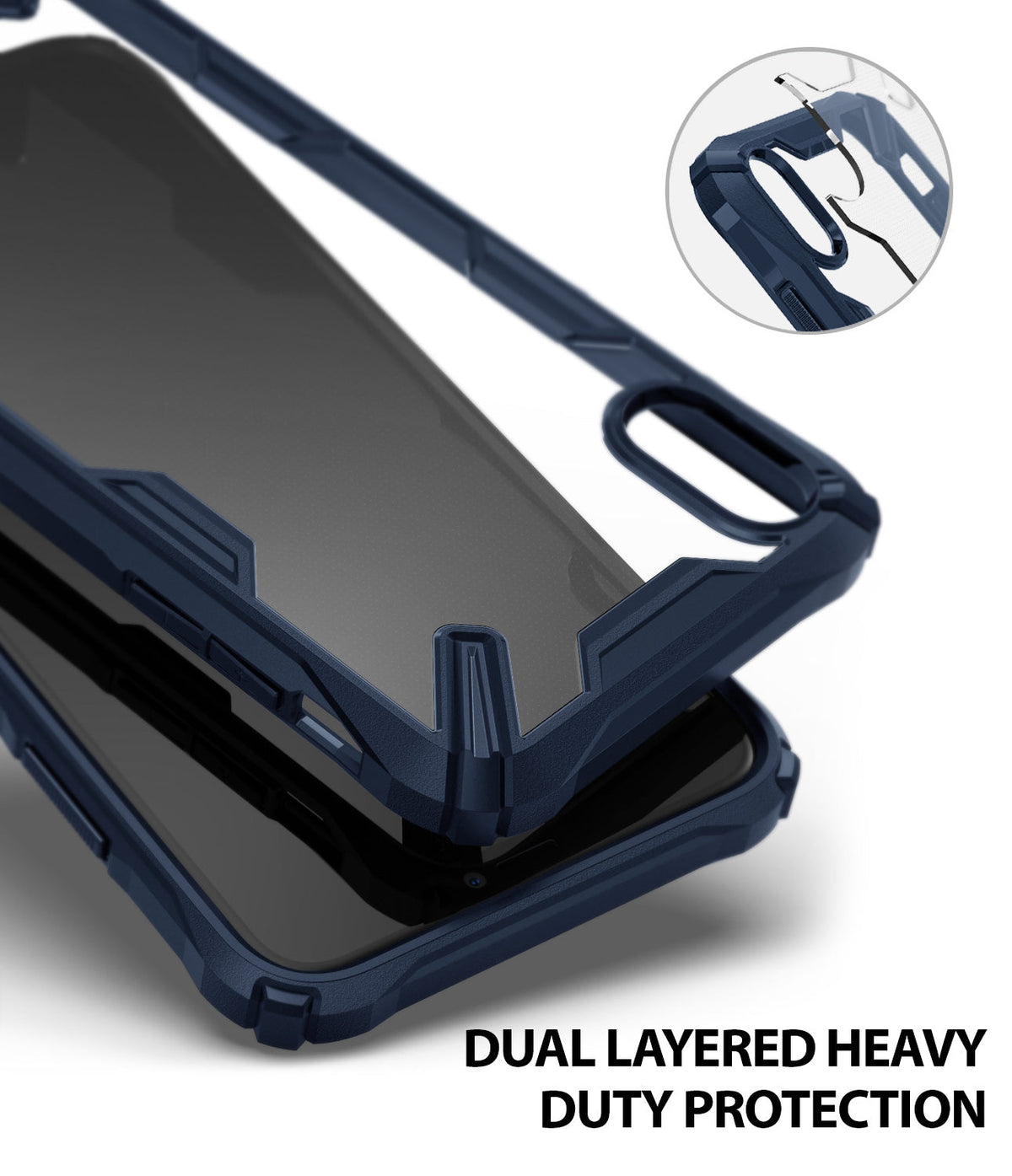 iPhone XR Case | Fusion-X - Navy blue dual-layered protective phone case with a clear back and reinforced corner bumpers.