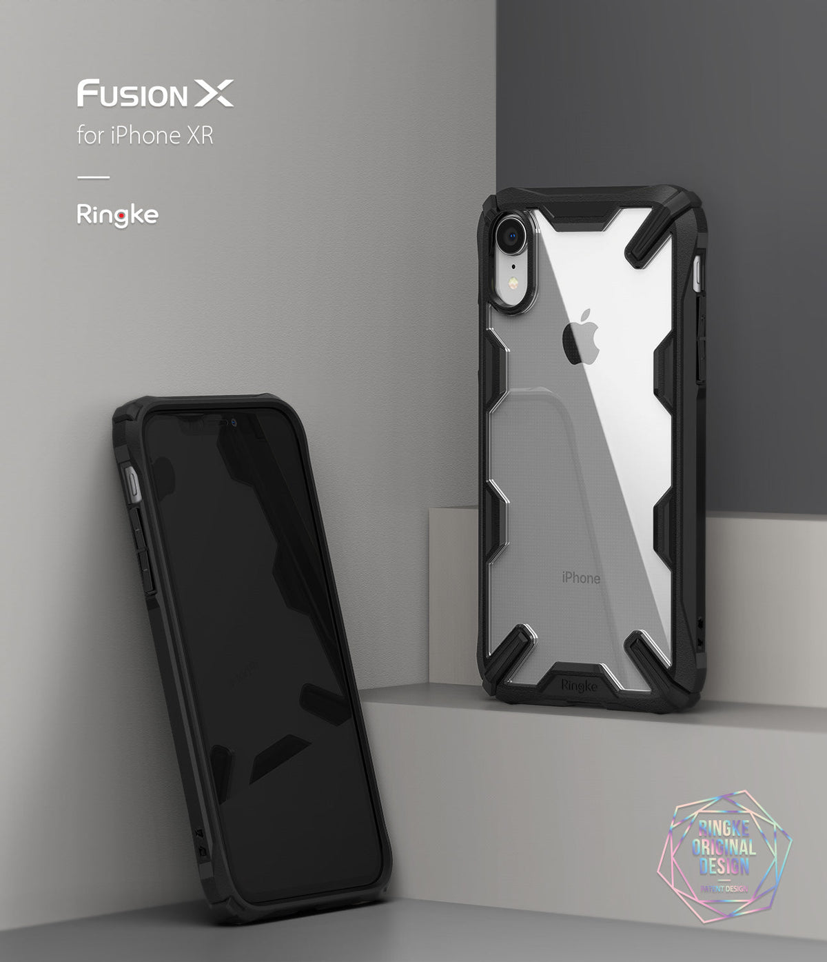 iPhone XR Case | Fusion-X - Clear iPhone XR case with rugged black bumper edges displayed from front and back angles.