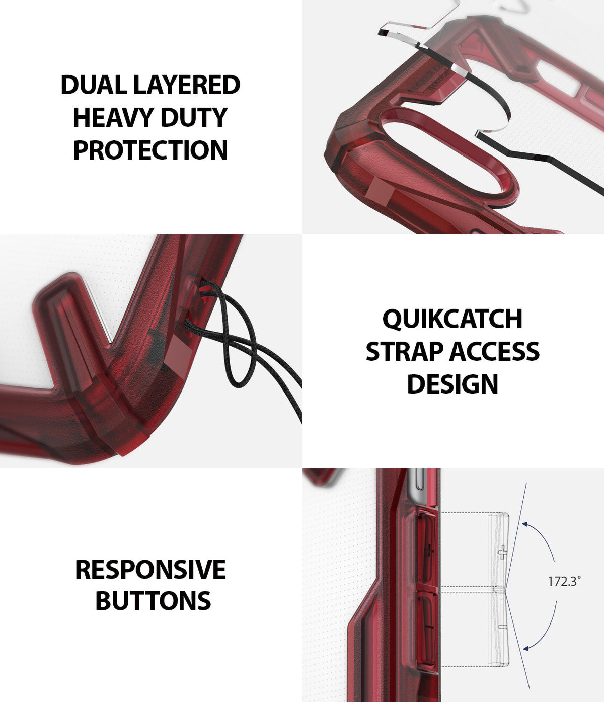 iPhone XR Case | Fusion-X - Ruby red protective case showing dual-layer construction, lanyard hole, and responsive buttons.