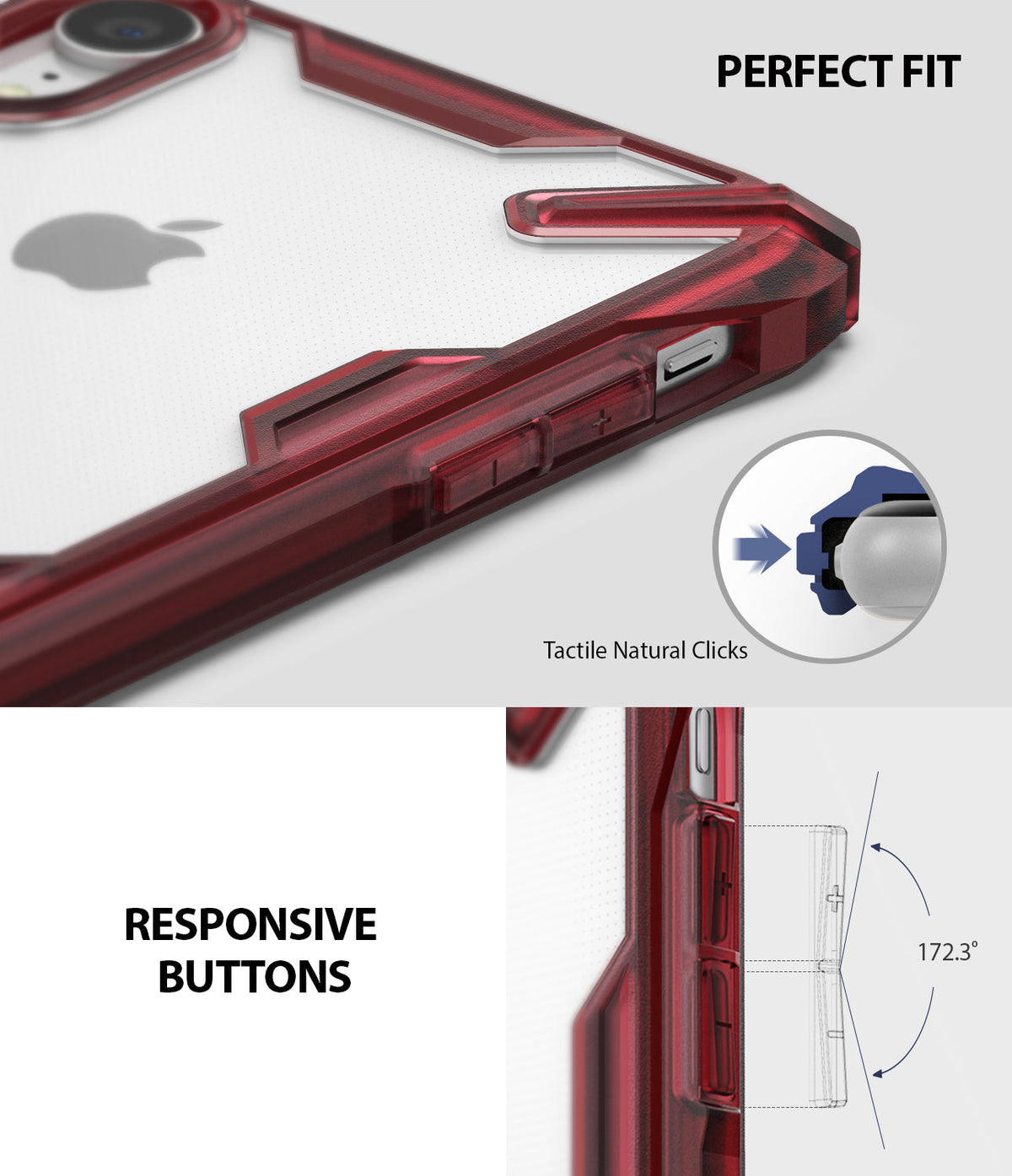 iPhone XR Case | Fusion-X - Ruby red protective case showing tactile button design and precise fit for iPhone XR.