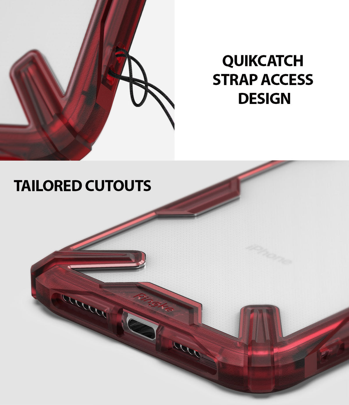 iPhone XR Case | Fusion-X - Ruby red phone case showing a lanyard strap hole and precise cutouts for ports and speakers.