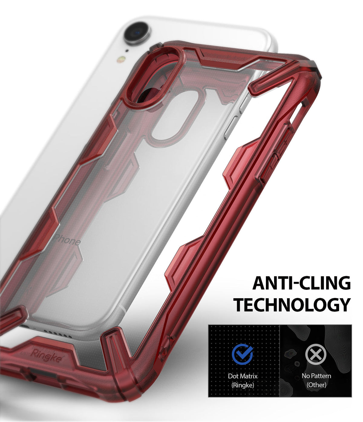 iPhone XR Case | Fusion-X - Ruby red, rugged transparent phone case with anti-cling dot matrix technology.