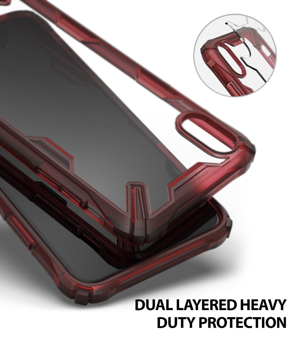 iPhone XR Case | Fusion-X - Ruby red, dual-layered protective phone case with a clear back and reinforced bumper corners.