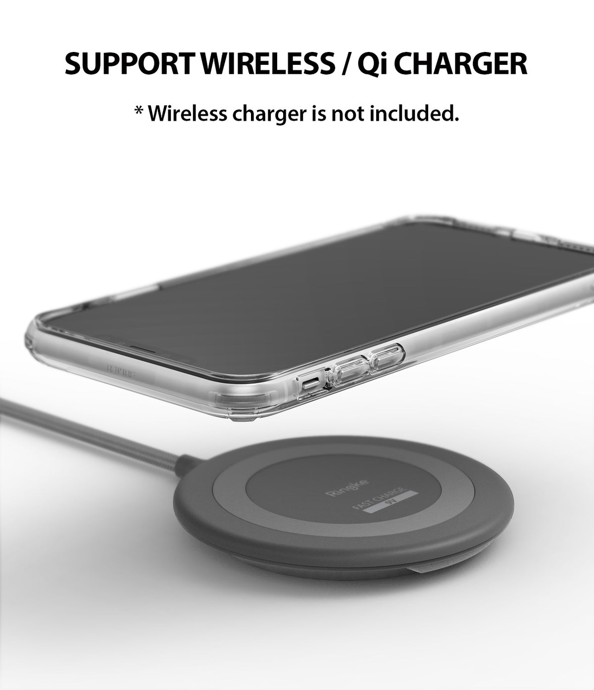 iPhone XR Case | Mirror - Silver - iPhone XR in a clear case hovering above a circular wireless charging pad.