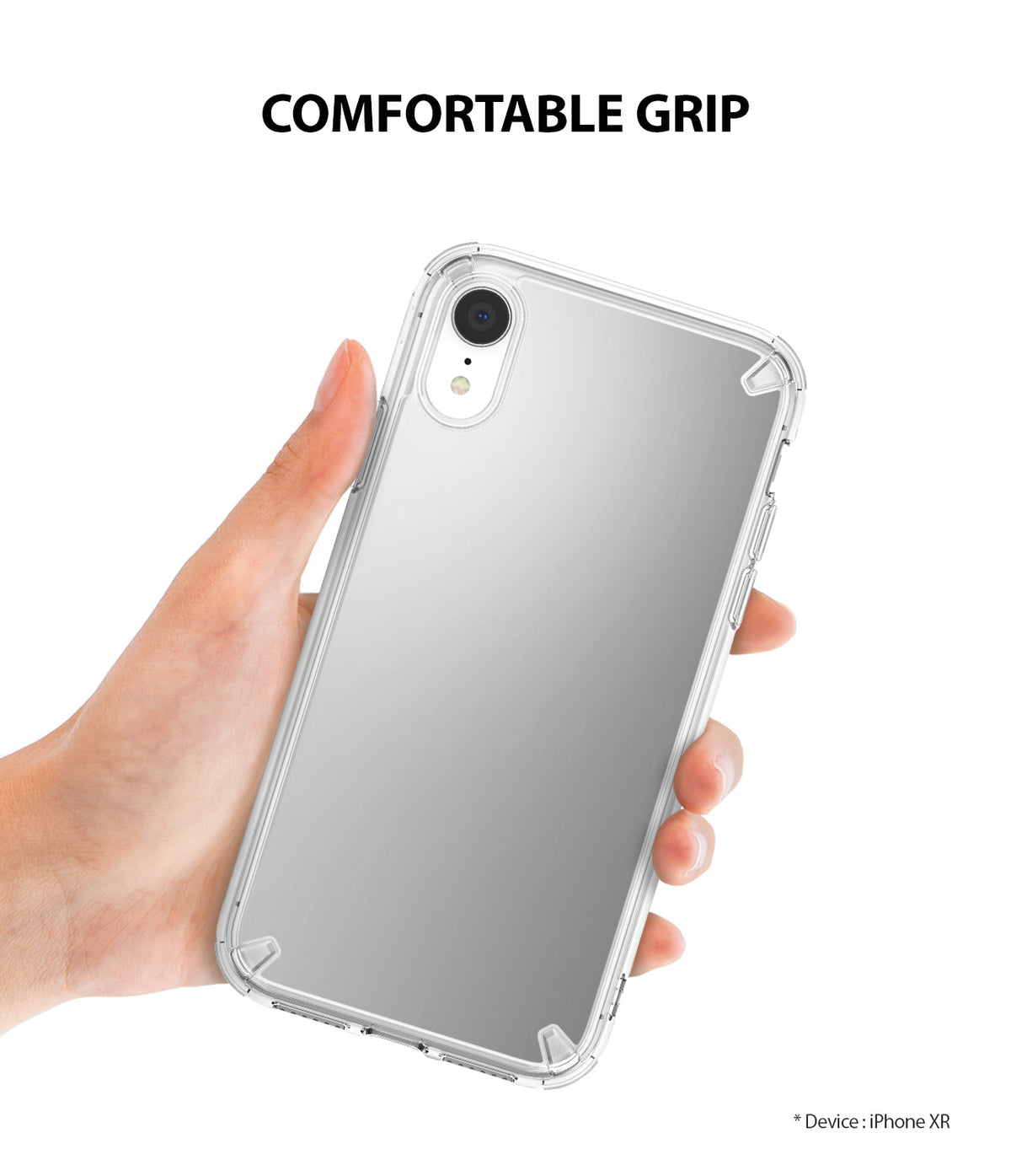 iPhone XR Case | Mirror - Silver - Hand holding a silver mirror-finish iPhone XR case with clear protective edges.