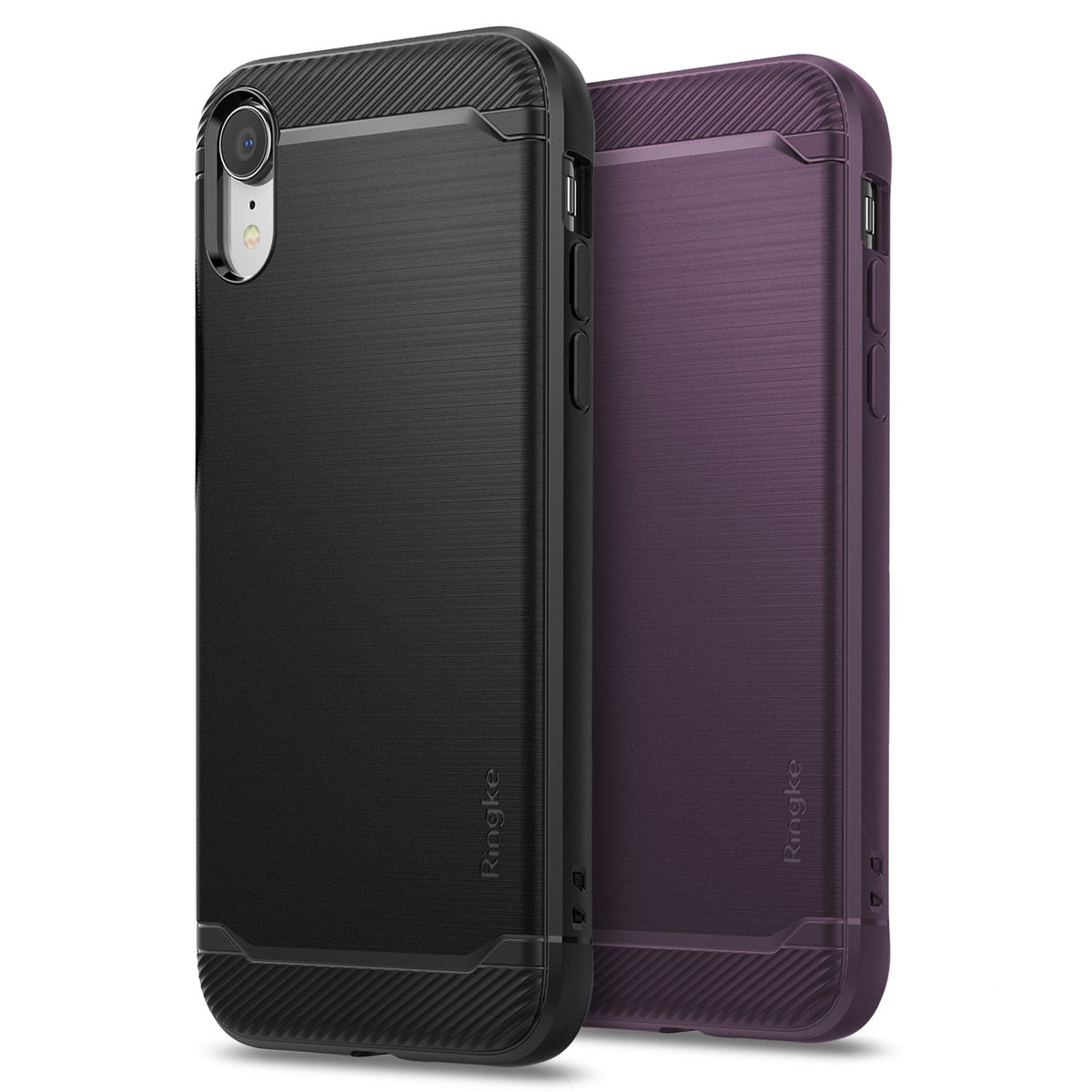 iPhone XR Case | Onyx - Two brushed-texture phone cases in black and purple with carbon fiber accents on top and bottom.