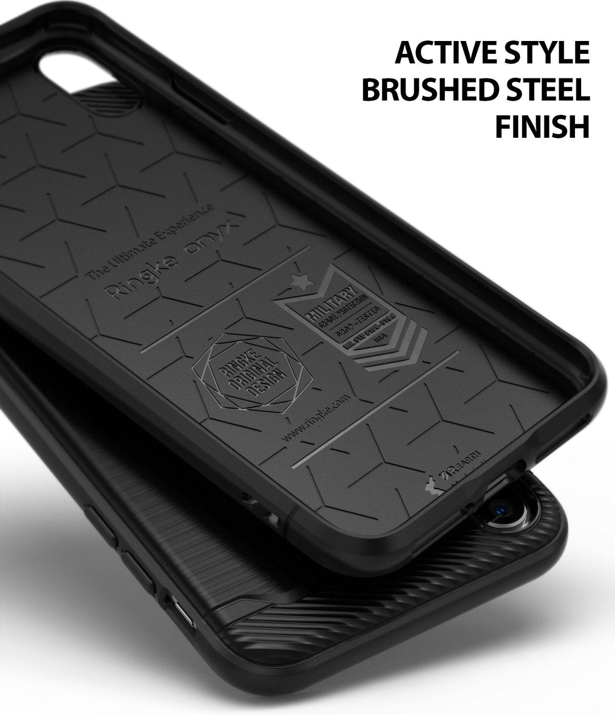 iPhone XR Case | Onyx - Black phone case interior with geometric patterns and military-grade drop protection branding.