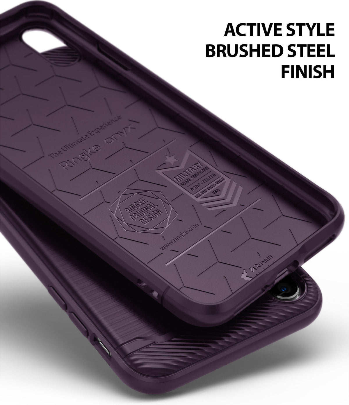 iPhone XR Case | Onyx - Purple phone case interior with geometric patterns, military-grade text, and brushed steel exterior.