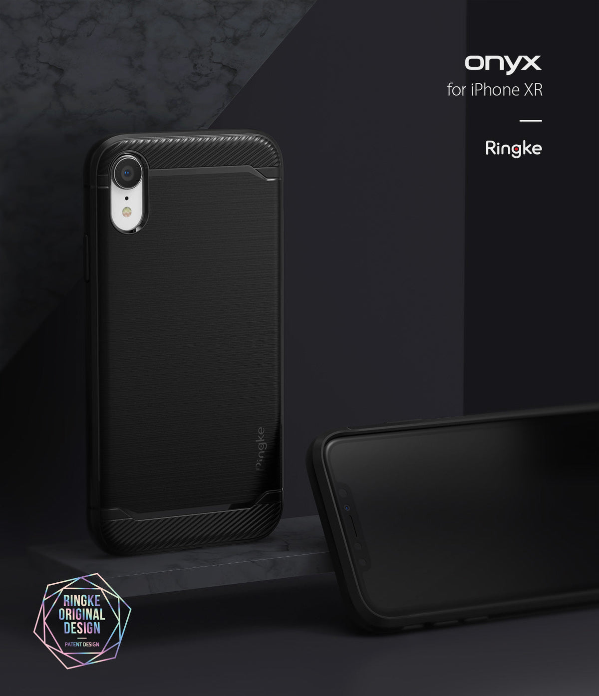 iPhone XR Case | Onyx - Black brushed metal texture phone case with carbon fiber accents on a dark geometric background.