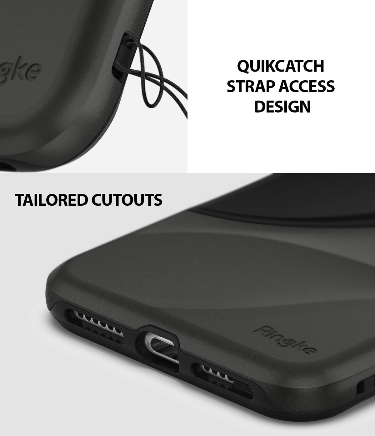 iPhone XR Case | Wave - Close-up of black phone case showing QuikCatch strap hole and precise speaker and charging port cutouts.