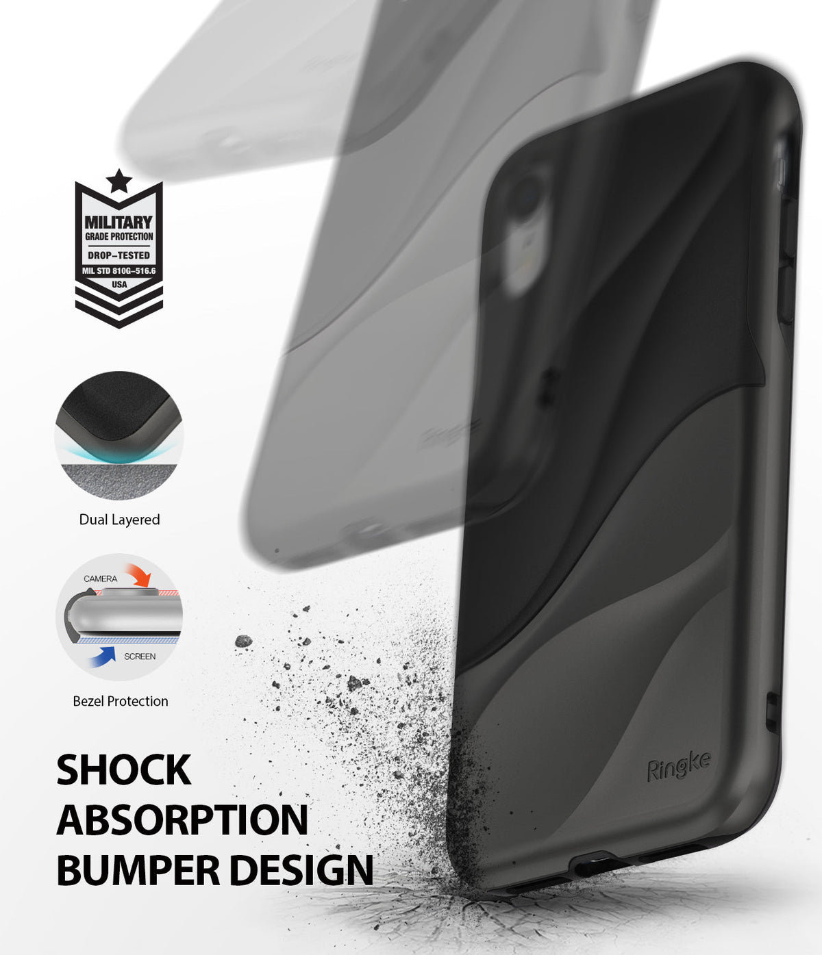 iPhone XR Case | Wave - Black phone case with wavy design, military-grade drop protection, dual layers, and bezel guards.