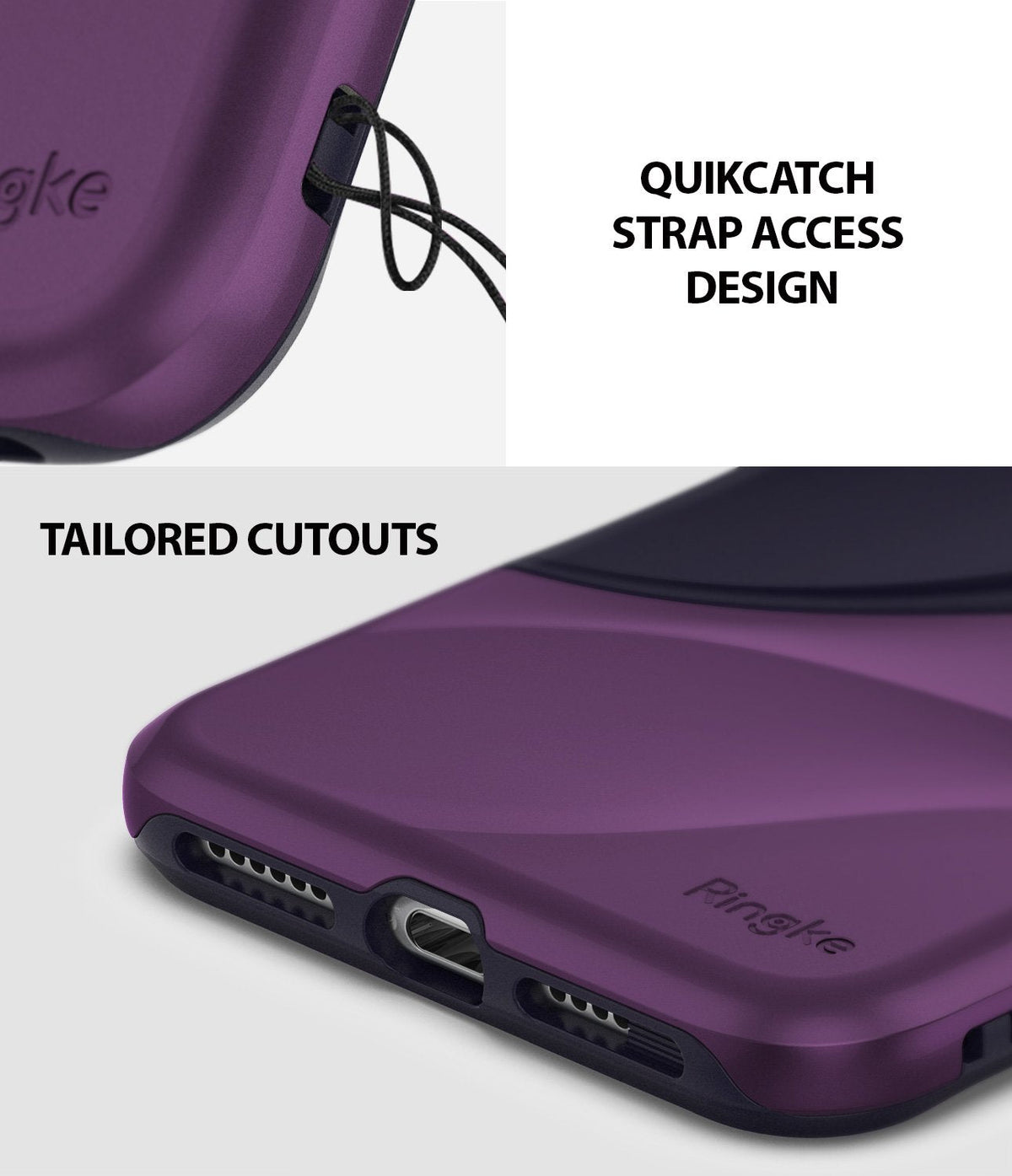 iPhone XR Case | Wave - Metallic purple phone case showing a lanyard strap hole and precise charging port cutouts.