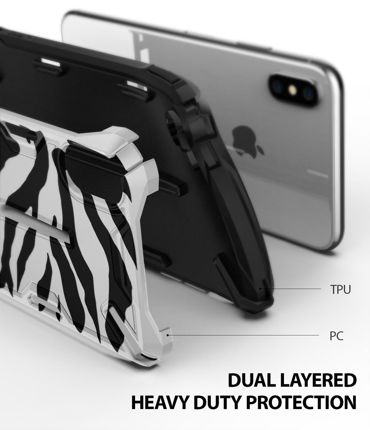 iPhone XS Case | Dual-X Design - Exploded view showing zebra-print PC shell and black TPU inner layer for heavy-duty protection.
