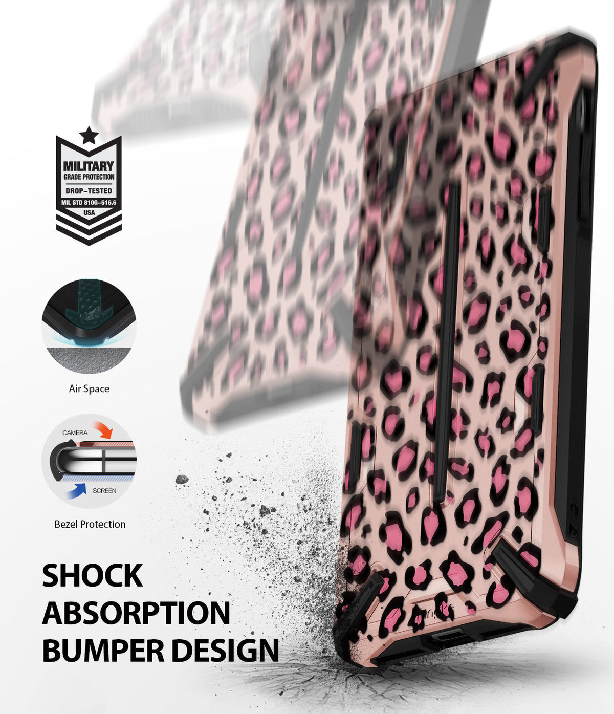 iPhone XS Case | Dual-X Design - Pink leopard print phone case with shock-absorbing bumper and military-grade drop protection.