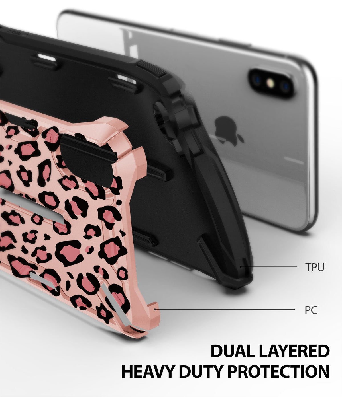 iPhone XS Case | Dual-X Design - Exploded view of a pink leopard print PC shell and black TPU inner case for iPhone XS.