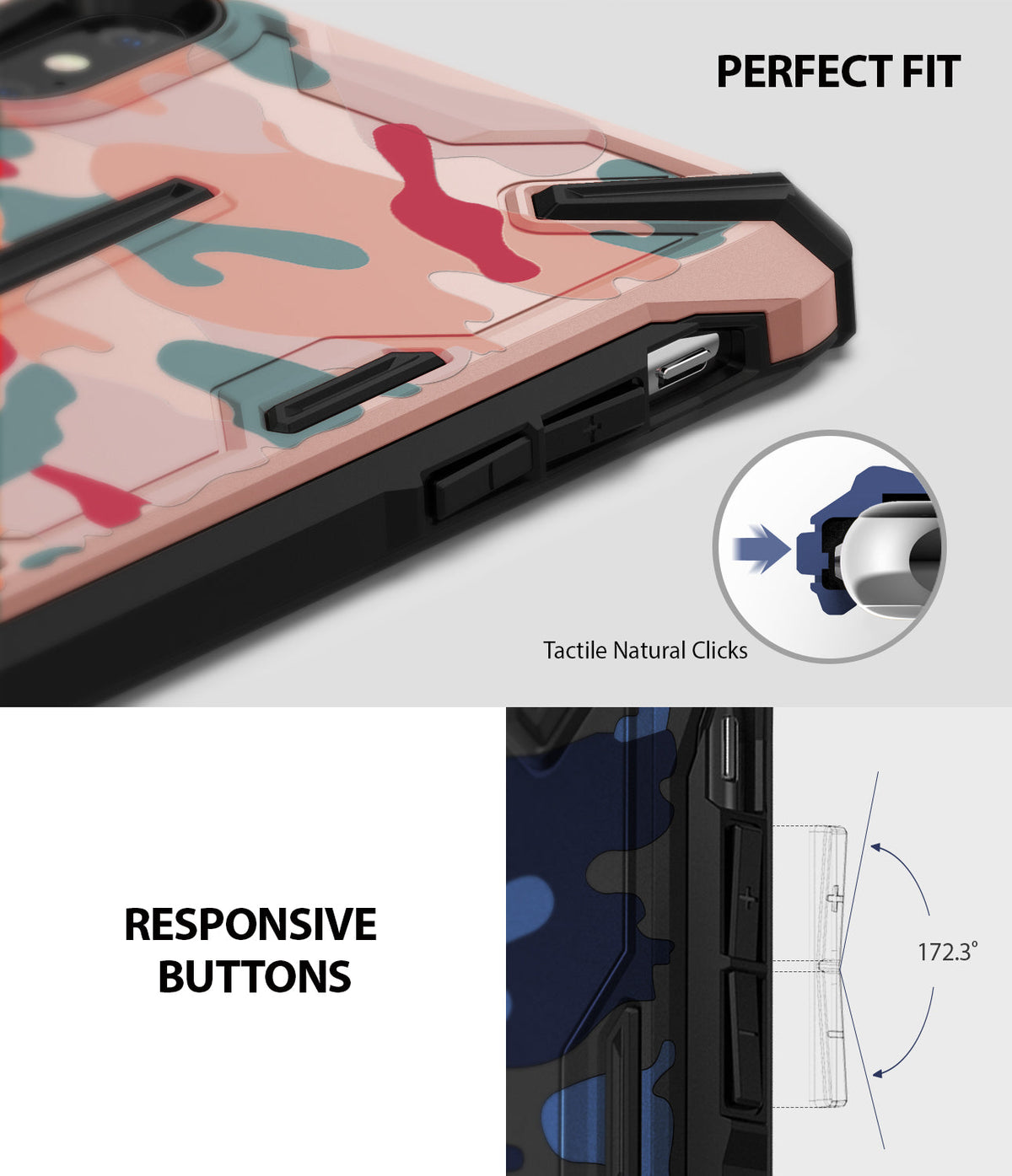 iPhone XS Case | Dual-X Design - Pink camo phone case showing tactile button detail and a 172.3-degree responsive button angle.