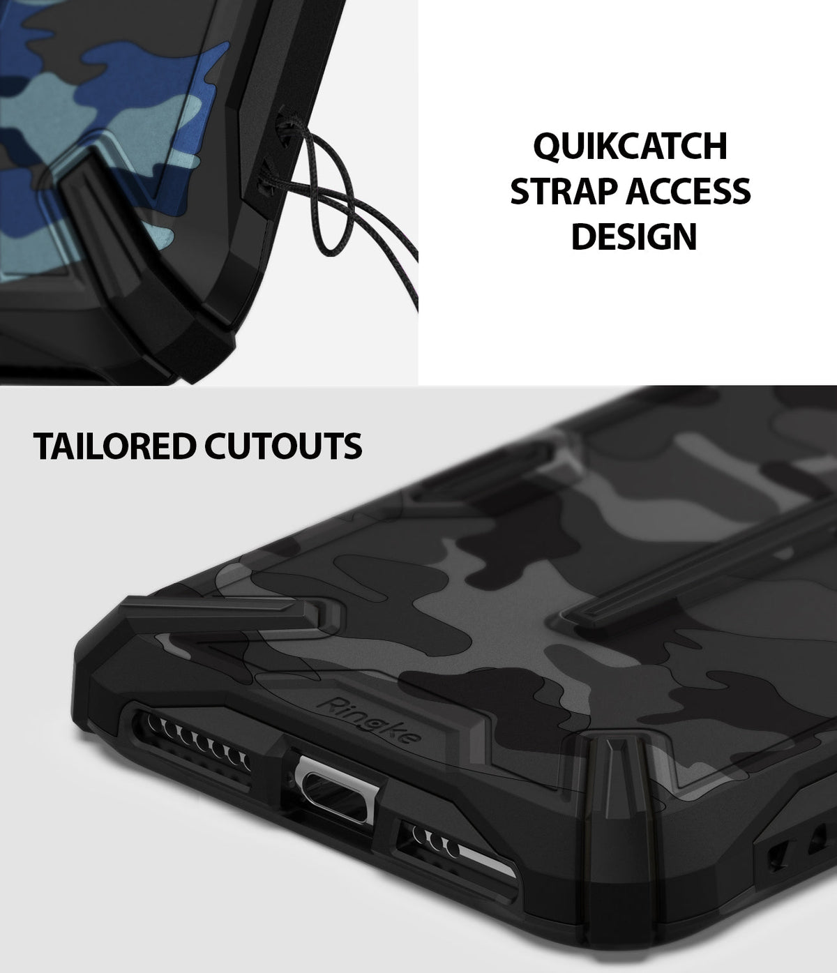 iPhone XS Case | Dual-X Design - Close-up of phone case showing QuikCatch strap hole and precise charging port cutouts.