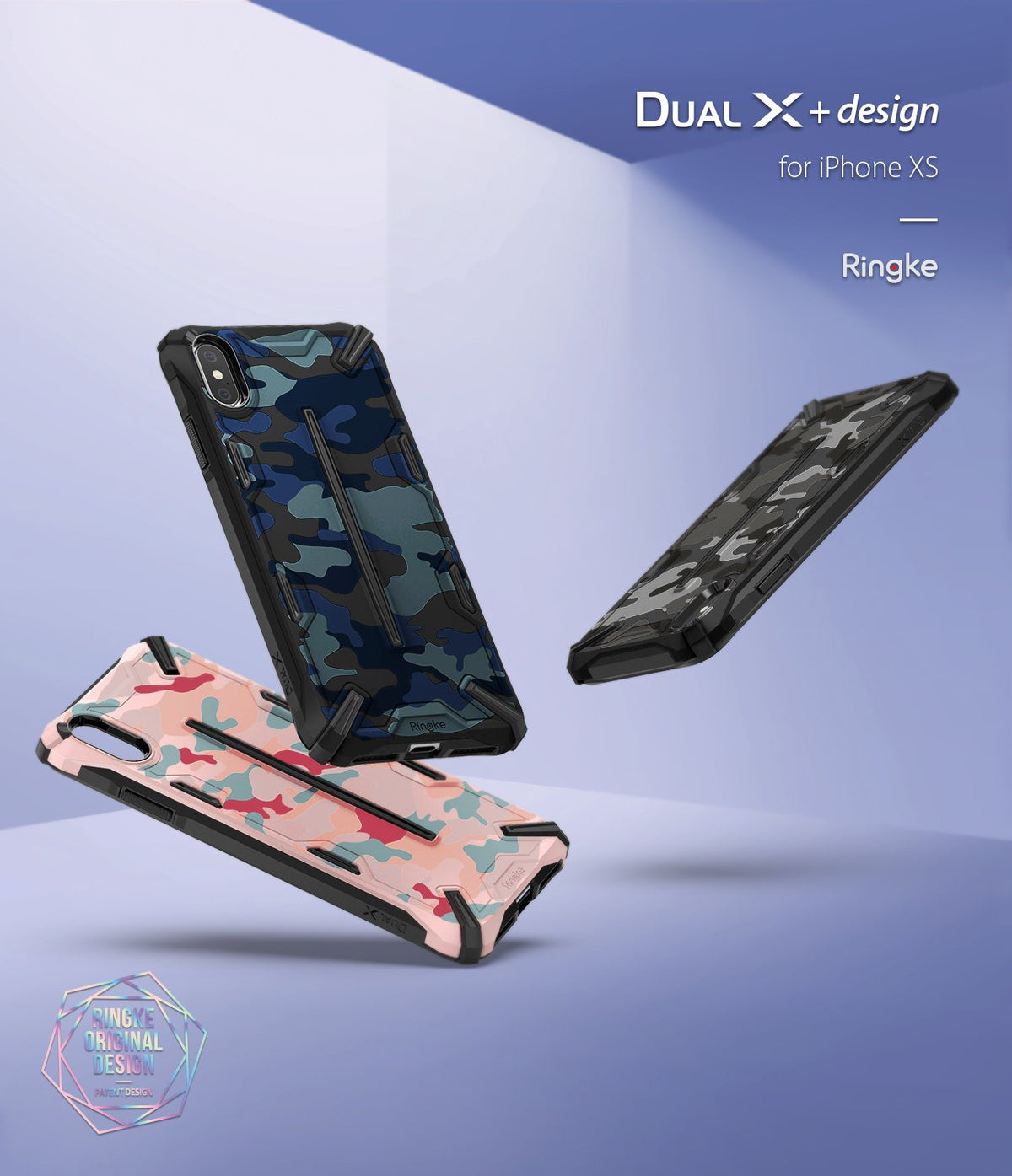 iPhone XS Case | Dual-X Design - Three rugged camouflage iPhone XS cases in blue, pink, and grey floating against a blue background.