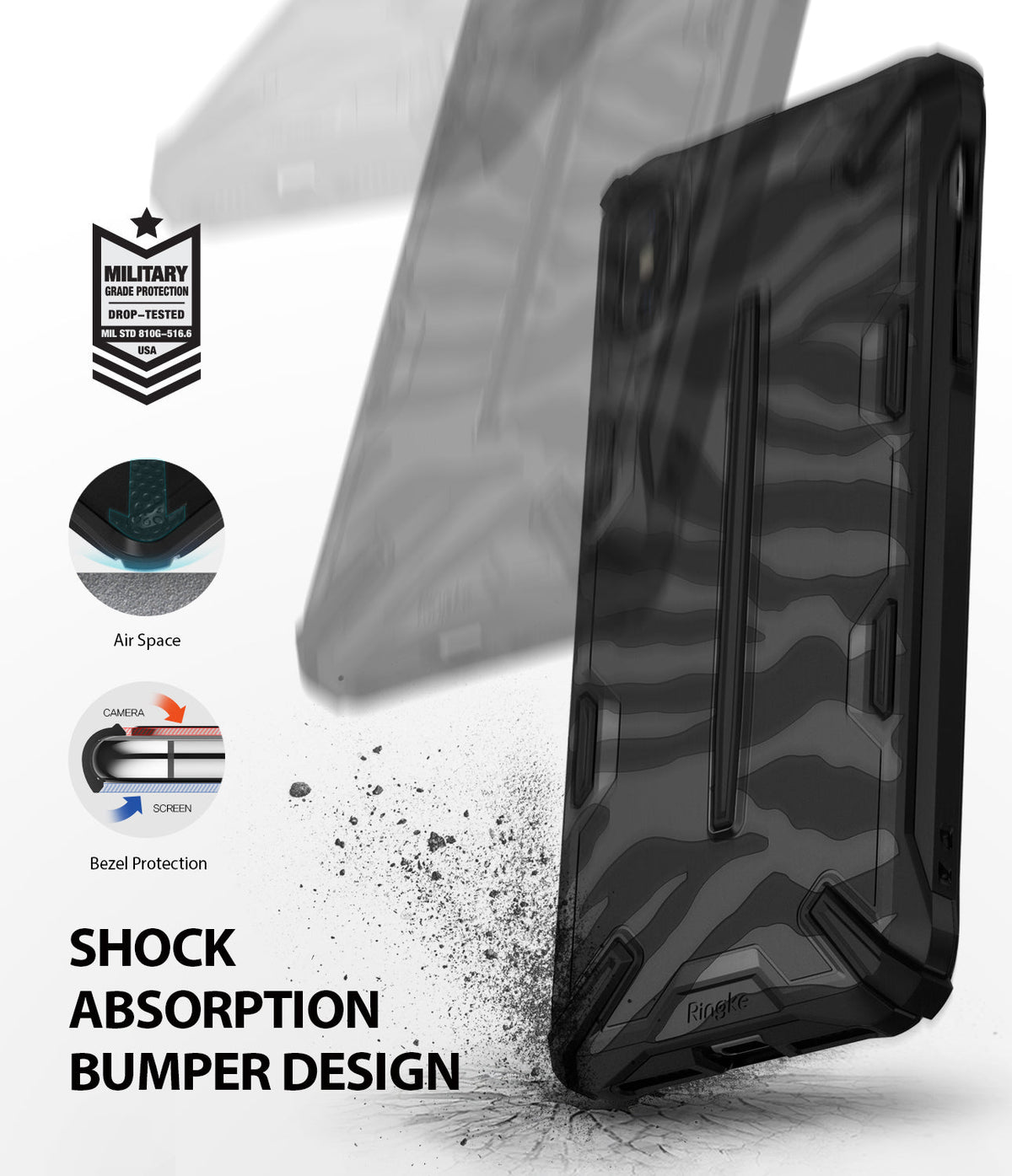 iPhone XS Max Case | Dual-X Design - Black zebra-patterned phone case with military-grade drop protection and shock-absorbing bumpers.