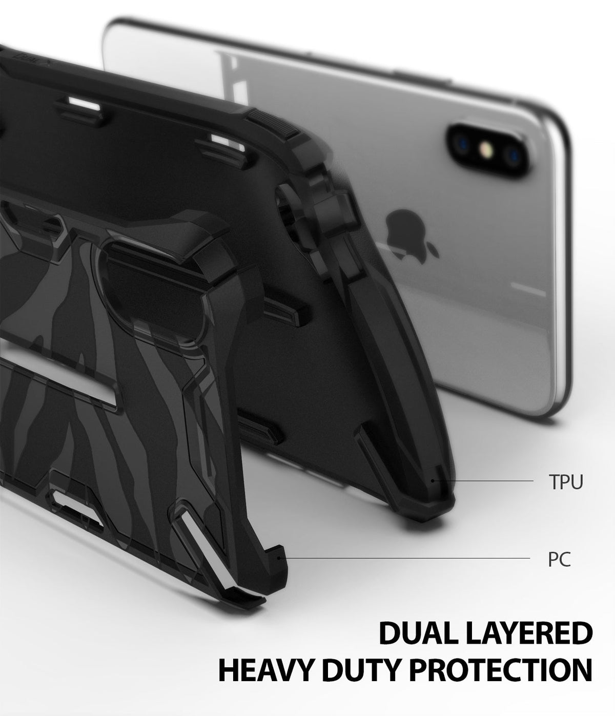 iPhone XS Max Case | Dual-X Design - Exploded view of a black dual-layered phone case with zebra pattern and TPU/PC labels.