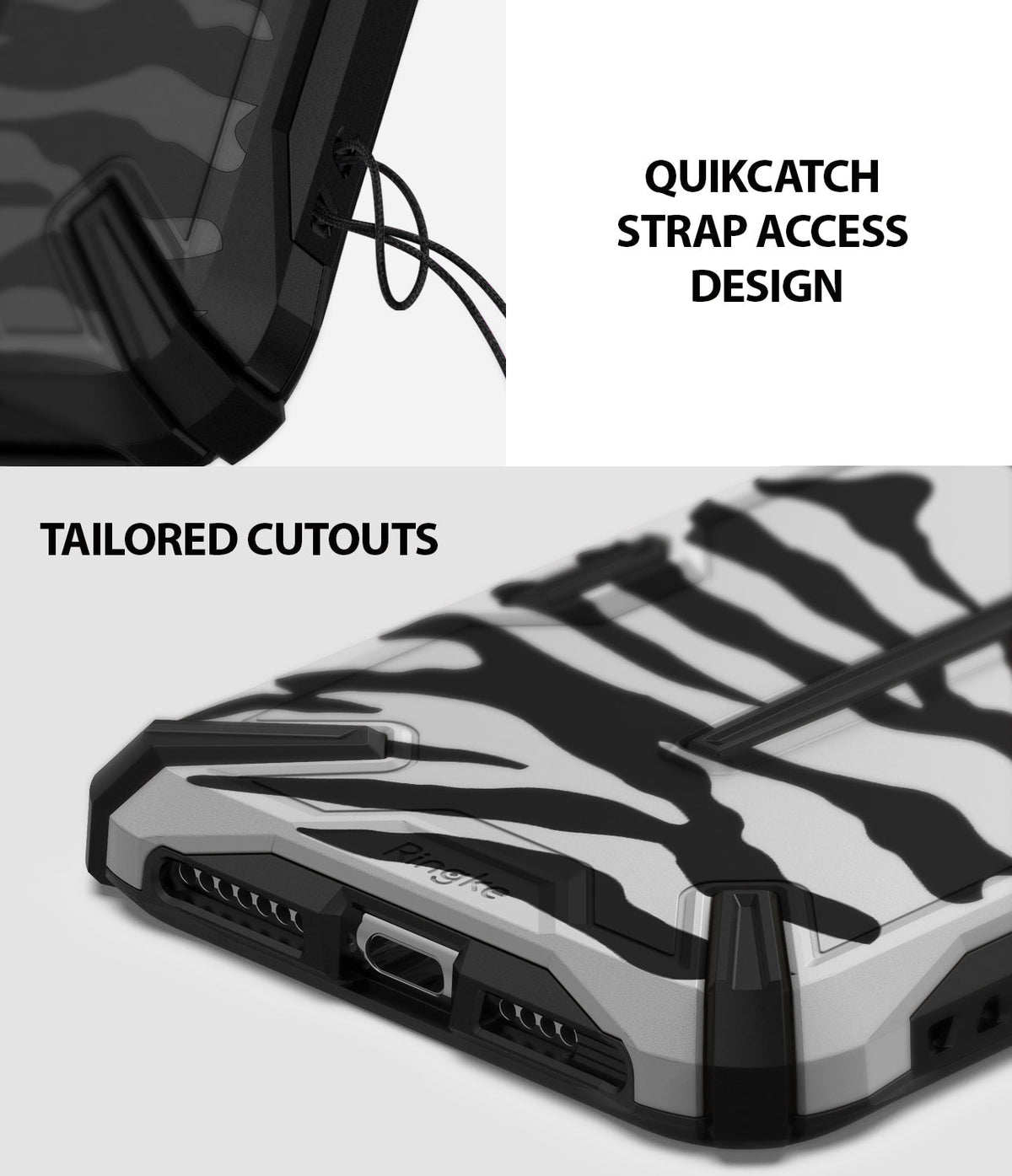 iPhone XS Max Case | Dual-X Design - Close-up of phone case strap hole and precise charging port cutouts with tiger stripe pattern.