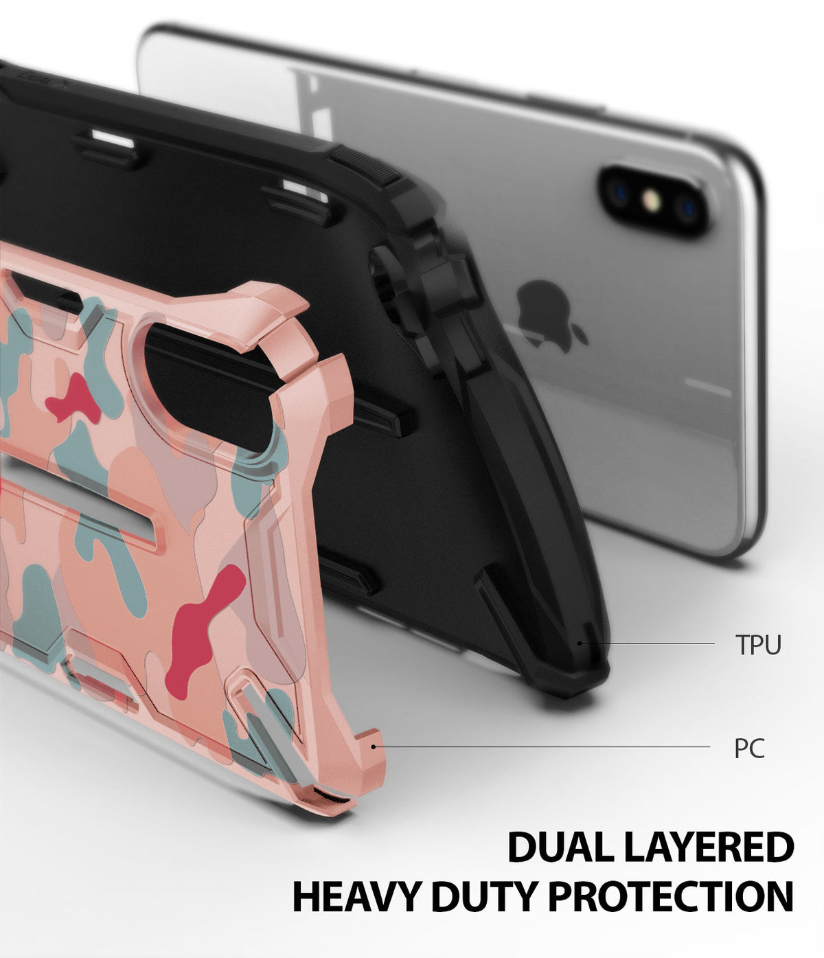 iPhone XS Max Case | Dual-X Design - Exploded view showing a pink camo PC shell and black TPU inner layer for an iPhone.