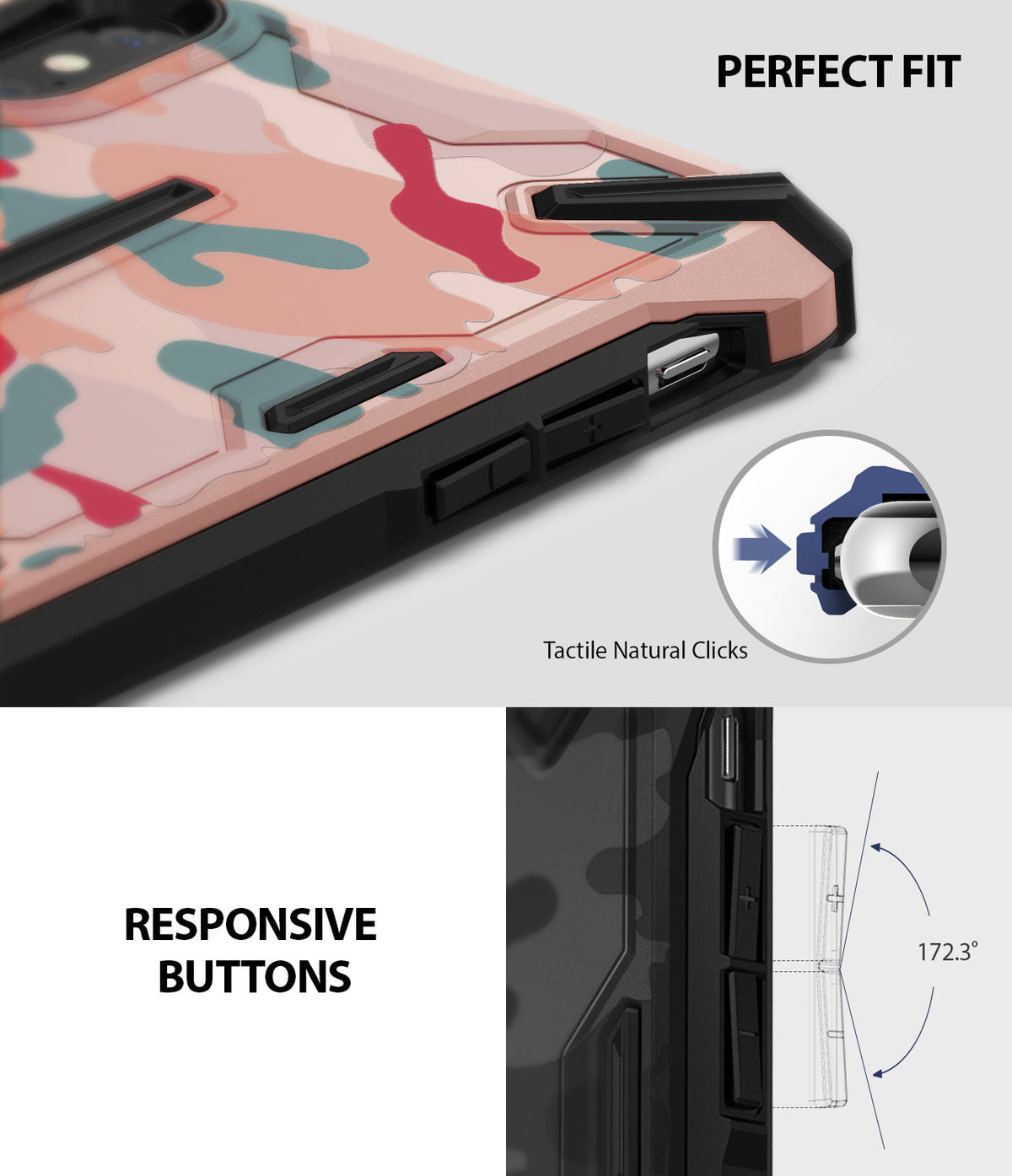 iPhone XS Max Case | Dual-X Design - Pink camo phone case showing tactile button detail and responsive button angle.