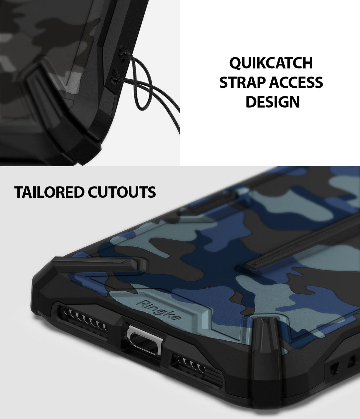 iPhone XS Max Case | Dual-X Design - Close-up of blue camo phone case showing strap hole and precise port cutouts.