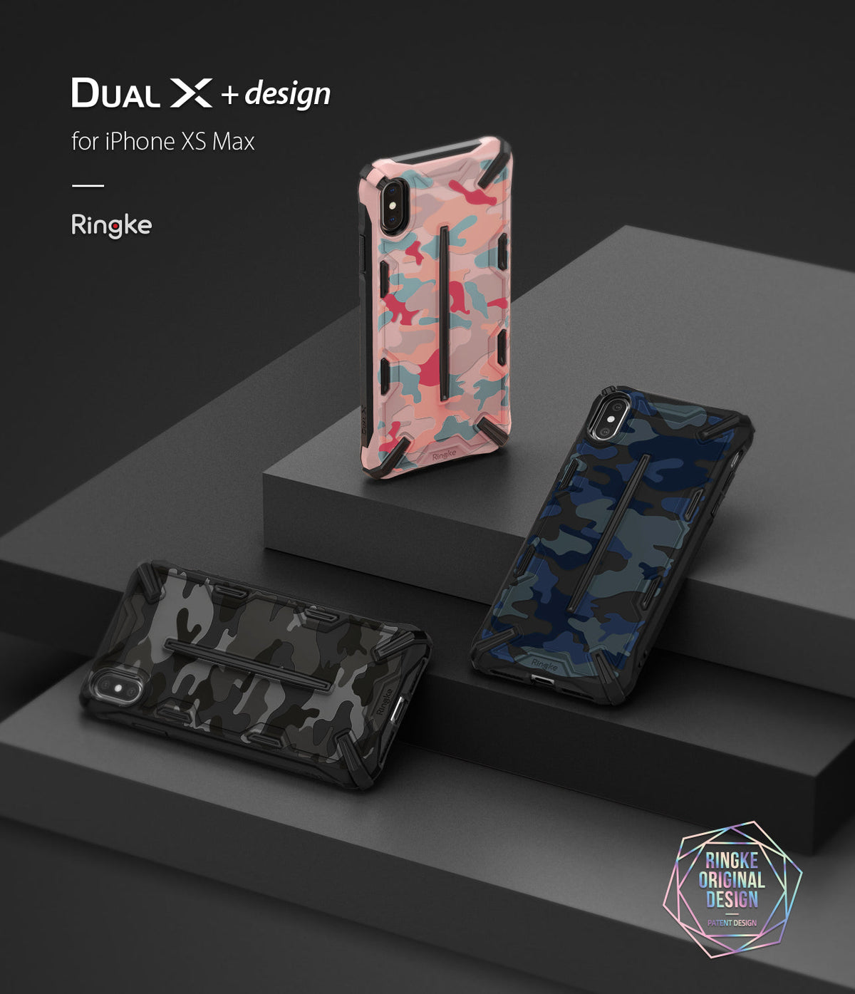 iPhone XS Max Case | Dual-X Design - Three rugged camo-patterned phone cases in pink, blue, and black on tiered platforms.