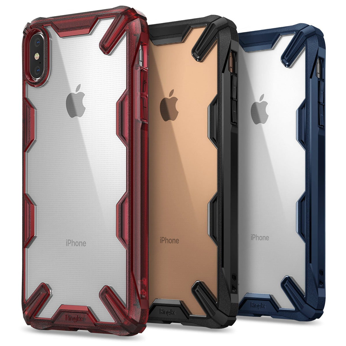 iPhone XS Max Case | Fusion-X - Three rugged, transparent iPhone cases in red, black, and blue arranged in a row.
