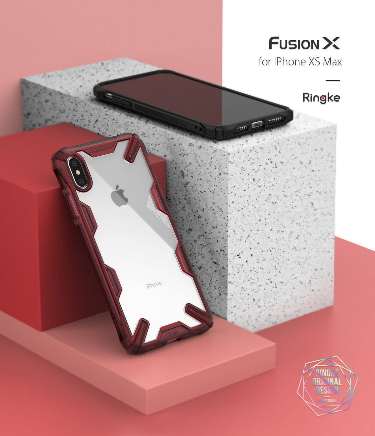 iPhone XS Max Case | Fusion-X - Black Fusion-X case on an iPhone XS Max displayed on geometric red and white blocks.