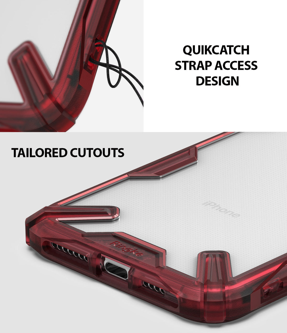 iPhone XS Max Case | Fusion-X - Ruby red phone case showing a QuikCatch strap hole and precise charging port cutouts.