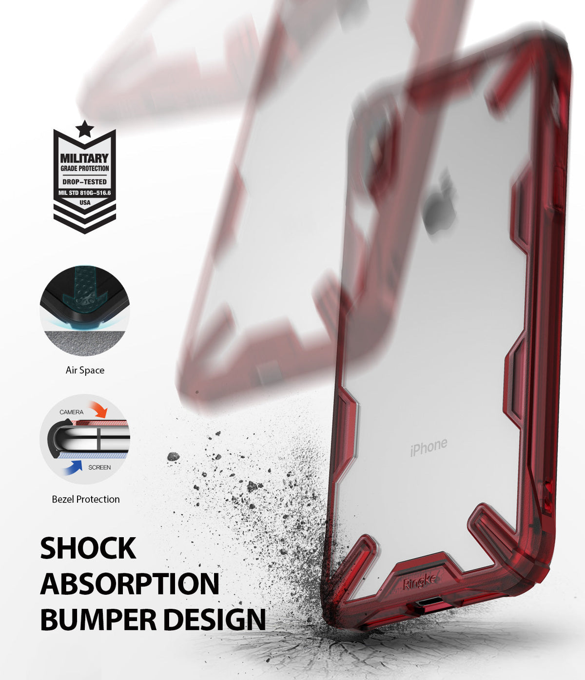 iPhone XS Max Case | Fusion-X - Ruby red protective phone case with shock-absorbing bumper, air space, and bezel protection.