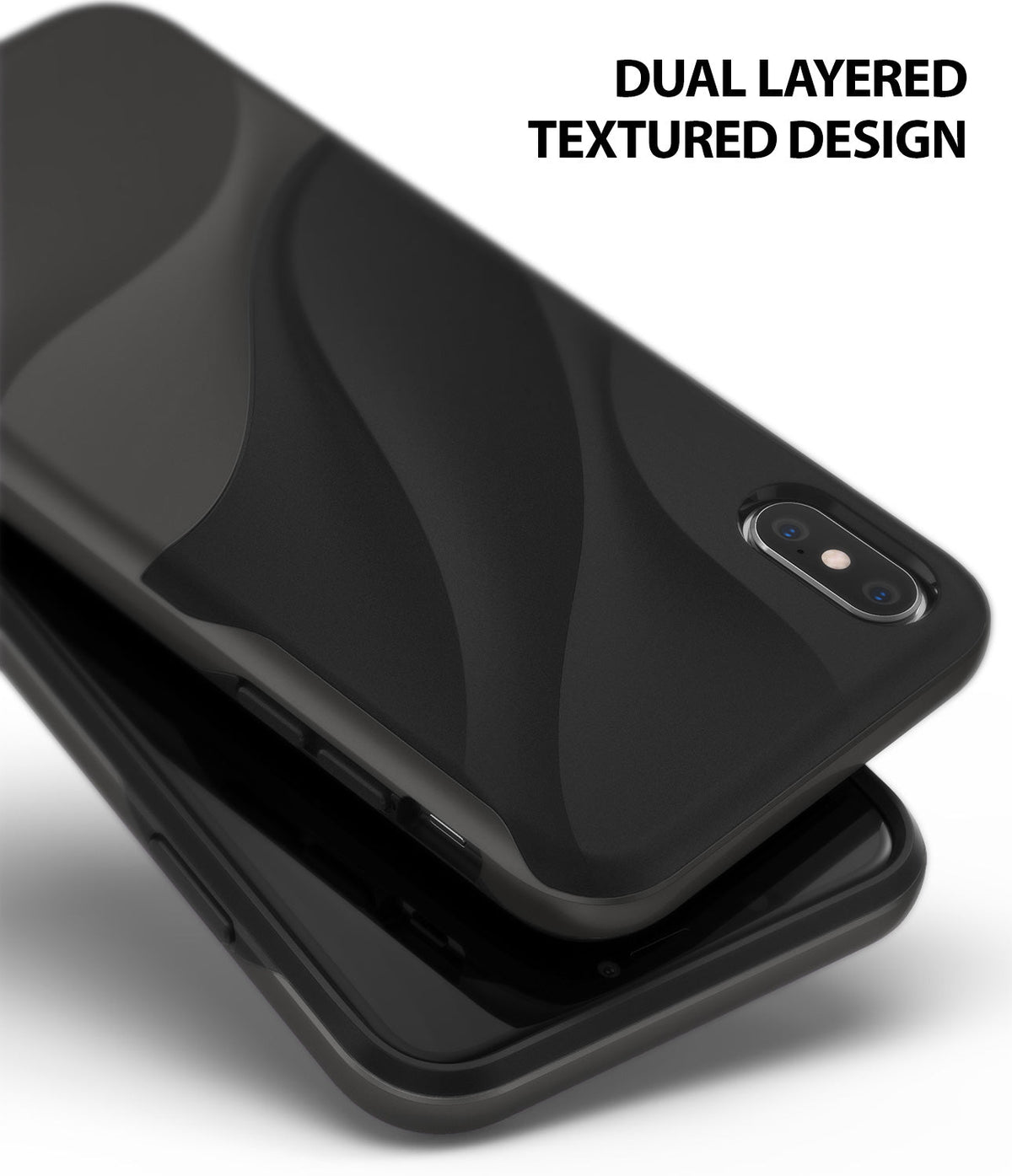 iPhone XS Max Case | Wave - Black phone case with a dual-layered, wavy textured back design and camera cutout.