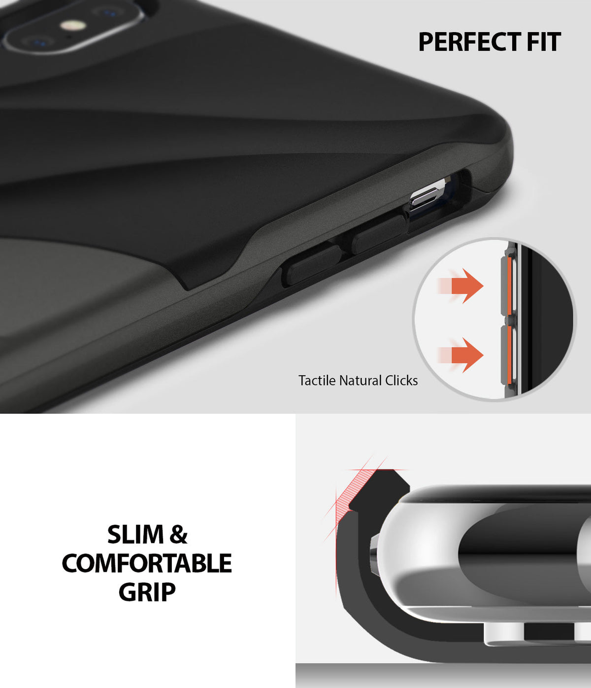 iPhone XS Max Case | Wave - Close-up of black phone case showing tactile buttons, slim profile, and precise fit.