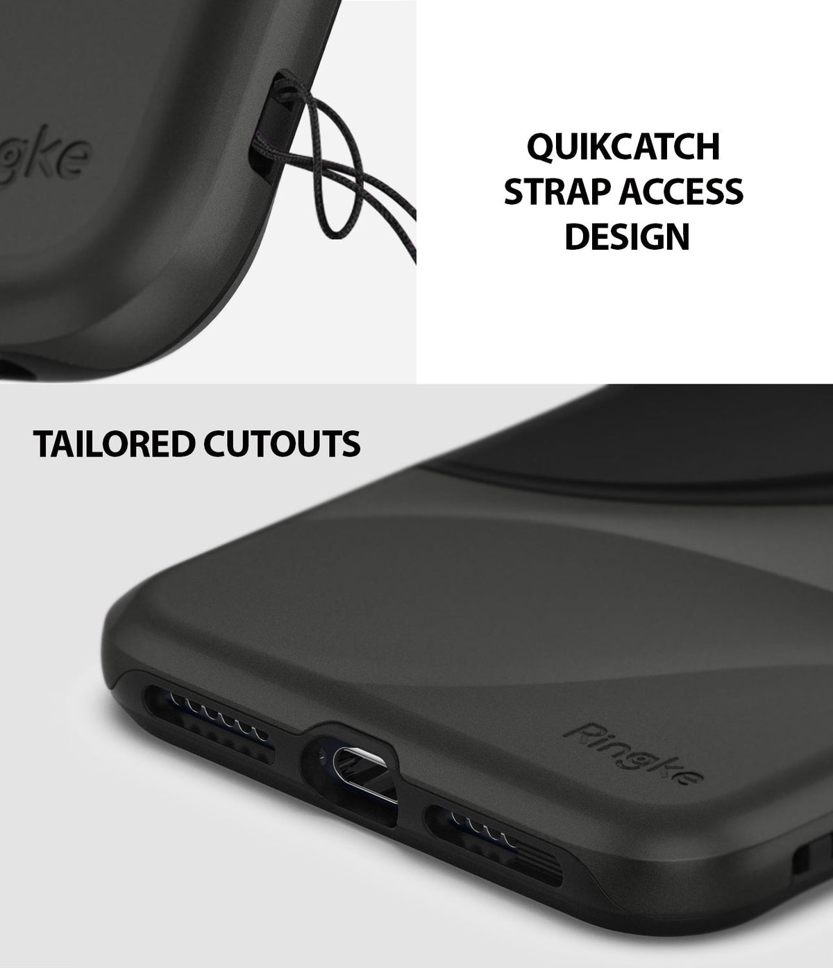 iPhone XS Max Case | Wave - Close-up of black phone case showing QuikCatch strap hole and precise charging port cutouts.